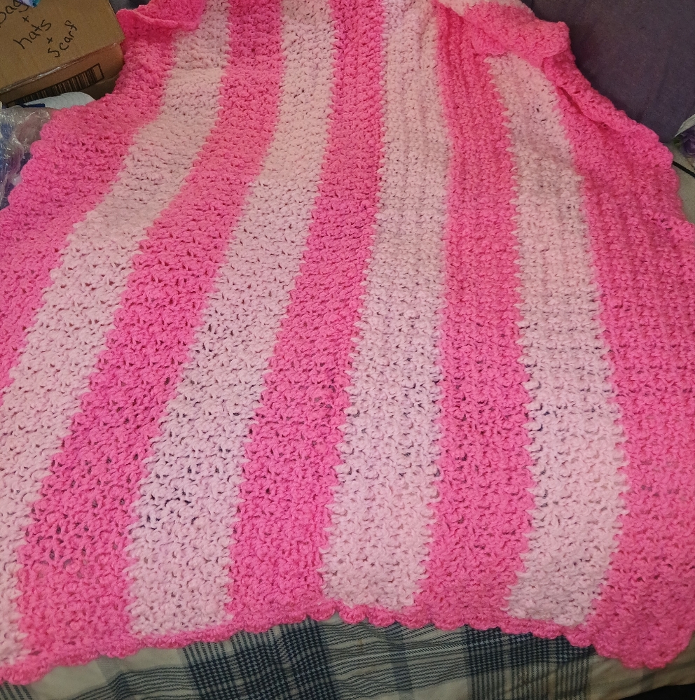 Pink and White Striped Crochet Blanket